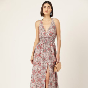 Floral Printed Crepe Tie Up Slit Smocked Maxi Dress